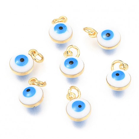 9.5x6.5x4.5mm 18K Gold Plated Brass Enamel White Evil Eye Charms with 4mm Jumpring - Pack of 2