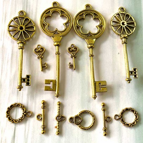 Antique Gold Plated Pewter Key Focal, Charm & Toggle Clasp Mix Antique Gold Plated Pewter Key Focal, Charm & Toggle Clasp Mix