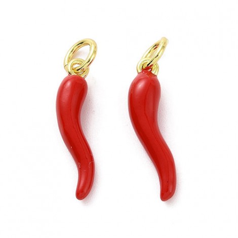 18.5x4.5mm 18K Gold Plated Italian Horn of Plenty Red Enamel Drops with Gold Loop + Jumpring - Pack of 2