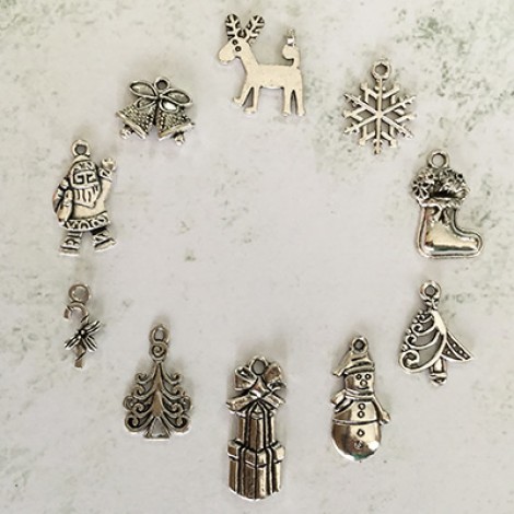 Antique Silver Plated Christmas Charm Mix 2 - 10pc