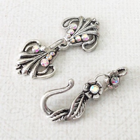 Ant Silver pewter Clasps with Crystal AB -  35x16mm filigree arrow, 20x9mm flower