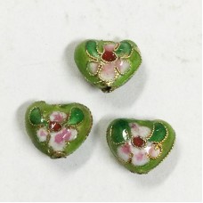 12mm Cloisonne Heart Beads - Green - Pack of 3