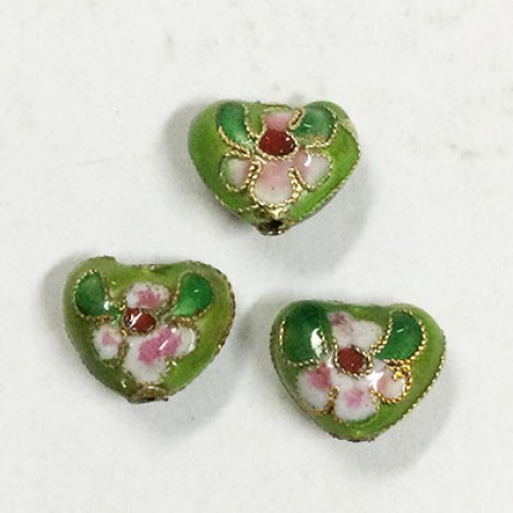 12mm Cloisonne Heart Beads - Green