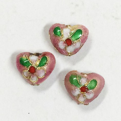 12mm Cloisonne Heart Beads - Pink
