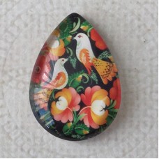 18x25mm Art Glass Backed Teardrop Cabochons - Folk Art Birds