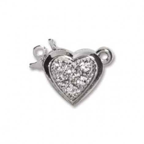 11x11mm 1-Strand Silver Plated Heart Clasp w/Crystals - Each