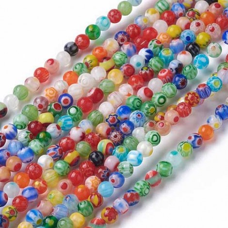 4mm Round Millefiori Flower Mixed Beads - Strand