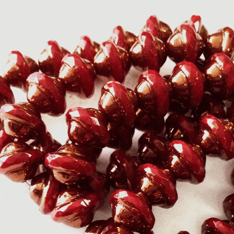 8x10mm Czech Saturn Cut Beads - Ruby Red & Ladybug Red with Bronze Finish - Pack of 4
