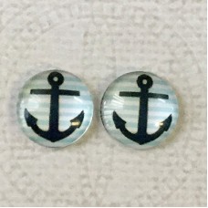 12mm Art Glass Backed Cabochons  - Anchor on Blue + White Stripes