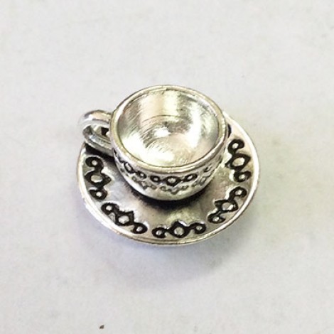 15x7mm Teacup + Saucer Charms - Antique Silver Plated