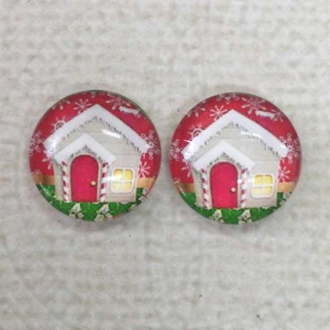 12mm Art Glass Backed Cabochons - Red Christmas Design 2 - Per Pair 12mm Art Glass Backed Cabochons - Red Christmas Design 2 - Per Pair