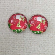12mm Art Glass Backed Cabochons  - Red Christmas Design 6 - Per Pair - Per Pair