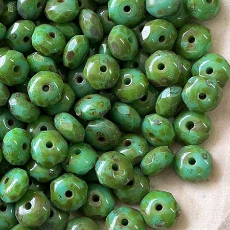 5x7mm Turquoise-Picasso Czech Firepolish Rondelles - Pack of 10