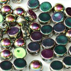 6mm Czech 2-Hole Cabochons - Crystal Vitrail Green - Pack of 33