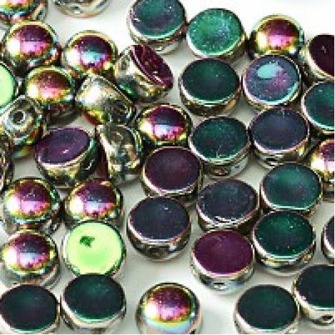 6mm Czech 2-Hole Cabochons - Crystal Vitrail Green - Pack of 33
