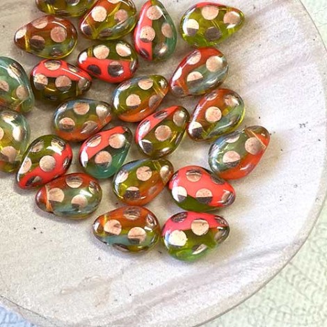 13x10mm Czech Tutti Frutti Gold Dot Top-Drilled Flat Drops - Pack of 12 13x10mm Czech Tutti Frutti Gold Dot Top-Drilled Flat Drops - Pack of 12