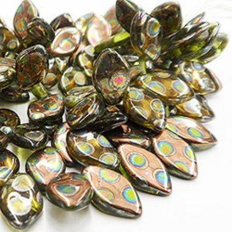 12x7mm Czech Top-Drilled Leaves - Olive Apollo Peacock