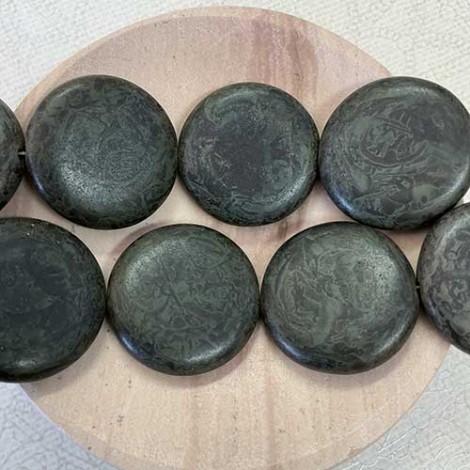 28mm Czech Round Medallion Beads - Jet Matte Picasso - Pack of 2