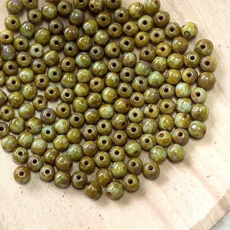 4mm Czech Round Beads - Opaque Green Picasso - Pack of 50