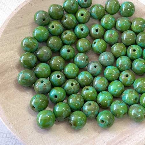 8mm Czech Round Glass Beads - Opaque Turquoise Picasso - Pack of 20
