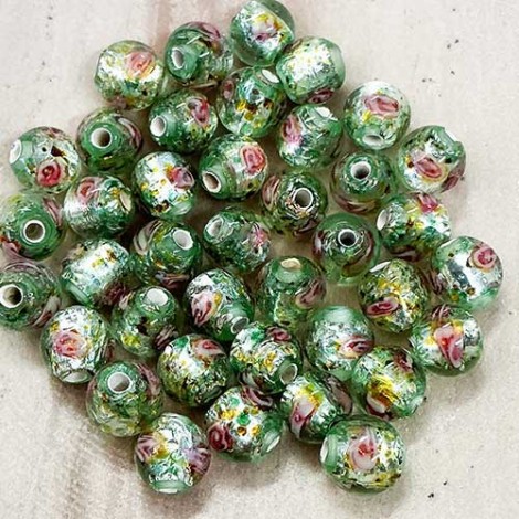 6mm Lt Green Silver Czech Lampwork Foil-Lined Flower Beads - Pack of 2 6mm Lt Green Silver Czech Lampwork Foil-Lined Flower Beads - Pack of 2