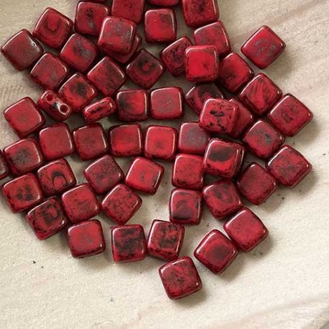 6mm Czechmates 2-Hole Tiles - Picasso Opaque Coral Red - Pack of 20