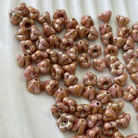 4x6mm Czech Baby Bell Flowers - Luster-Opaque Rose/Gold - Pack of 20