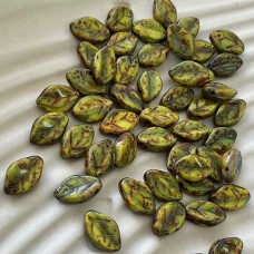 12x7mm Czech Leaf Beads - Picasso Op Yellow-Jet - Pack of 10
