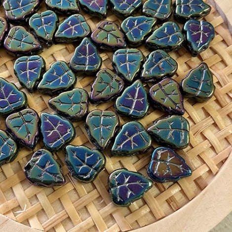 8x10mm Iris Green Czech Leaf Beads - Pack of 20