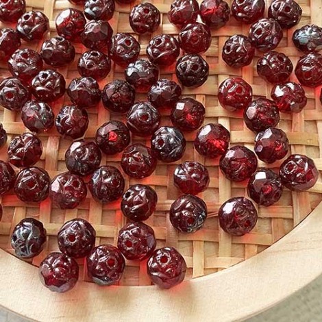 5x6mm Siam Ruby Vega Czech Rosebud Beads - Pack of 10