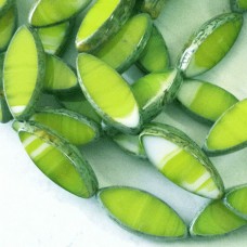 7x18mm Czech Table-Cut Spindle Beads -  Chartreuse Green + White with Picasso Finish - Pack of 2