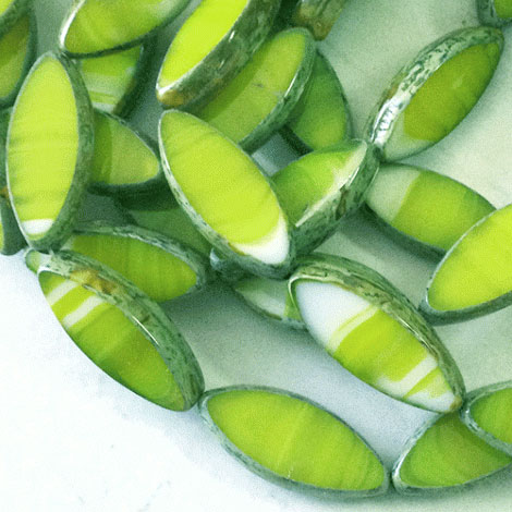 7x18mm Czech Table-Cut Spindle Beads -  Chartreuse Green + White with Picasso Finish - Pack of 2