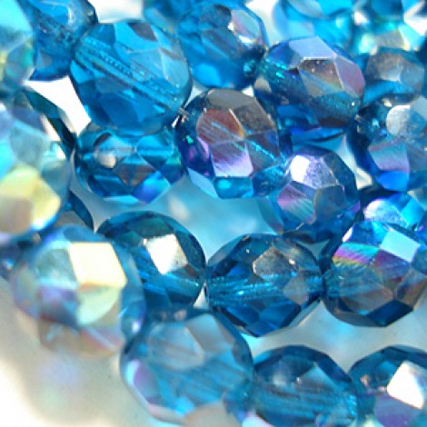 8mm Czech Firepolish Round Beads - Capri Blue AB - Pack of 20