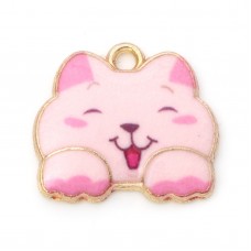 16x18mm Gold Plated Enamelled Pink Cat Charms - Pack of 2