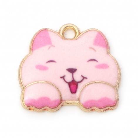 16x18mm Gold Plated Enamelled Pink Cat Charms - Pack of 2 16x18mm Gold Plated Enamelled Pink Cat Charms - Pack of 2