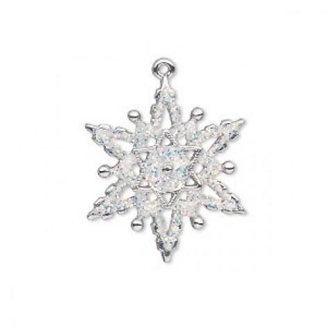 23x22mm Silver Plated & White Enamel Glitter Snowflake