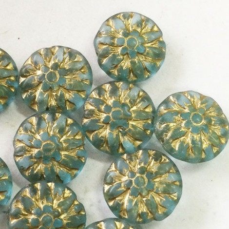 14mm Czech Dahlia Flower Beads - Matte Slate Blue with Gold Wash - Pack of 2 14mm Czech Dahlia Flower Beads - Matte Slate Blue with Gold Wash - Pack of 2