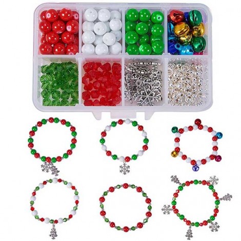 DIY Christmas Theme  Bracelet Making Kit - Includes glass beads, bells, spacers, cord in box