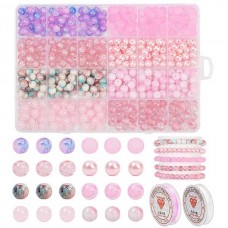 DIY Glass Bead Jewellery Making Kit - Pink & Lilac Colour Mix with 480 beads, & 2 x cord spools in box