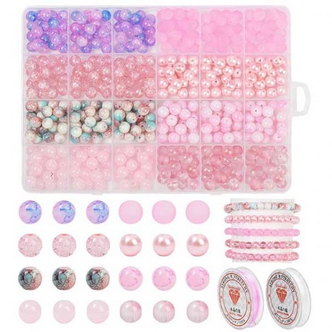 DIY Glass Bead Jewellery Making Kit - Pink & Lilac Colour Mix with 480 beads, & 2 x cord spools in box