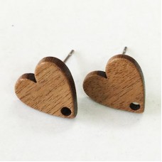 12.4x12.3x2.8mm Heart Mahogany Wood Earring Posts w-Stainless Steel Post - Per Pair