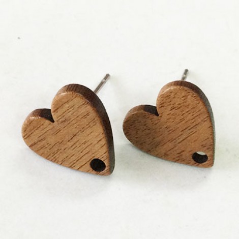 12.4x12.3x2.8mm Heart Mahogany Wood Earring Posts w-Stainless Steel Post - Per Pair
