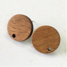 15x2.9mm Round Walnut Wood Earring Posts w-Stainless Steel Post - Per Pair