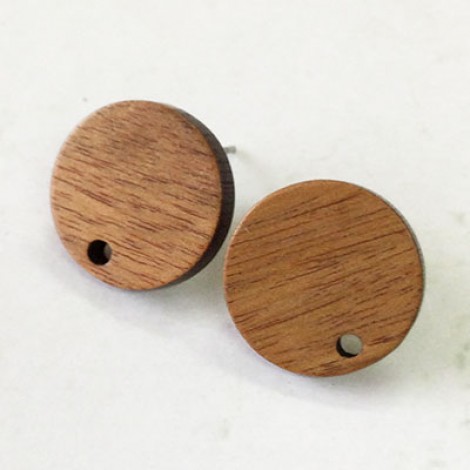 15x2.9mm Round Walnut Wood Earring Posts w-Stainless Steel Post 