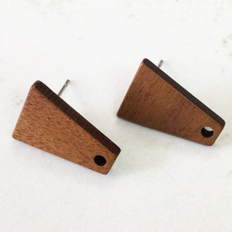 18x12x2.6mm Trapezoid Mahogany Wood Earring Posts w-Stainless Steel Post - Per Pair