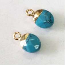 13.5x8.1x5.3mm Blue Turquoise Stone Mini Round Gemstone Charms - Gold Tone Plated Brass