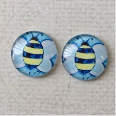 14mm Art Glass Backed Cabochons  - Dragonfly & Flower Design 4 - Per Pair