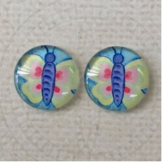 14mm Art Glass Backed Cabochons  - Dragonfly & Flower Design 6 - Per Pair