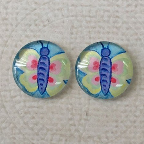 14mm Art Glass Backed Cabochons  - Dragonfly & Flower Design 6 - Per Pair