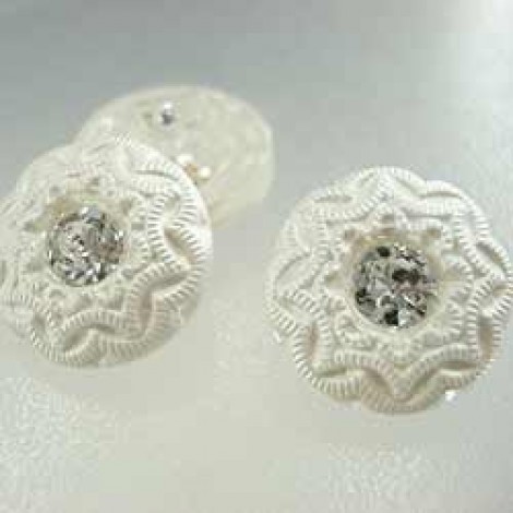 13mm Czech Diamond Glass Buttons - White & Rhinestone